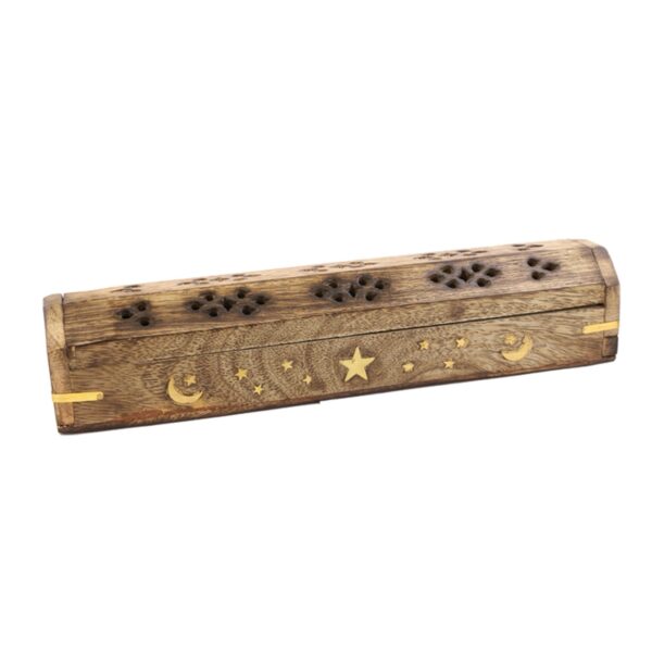 Hand Carved Wooden Incense Burner Box - Moon & Stars (LB