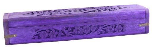 Hand Carved Wooden Incense Burner Box - Purple Floral