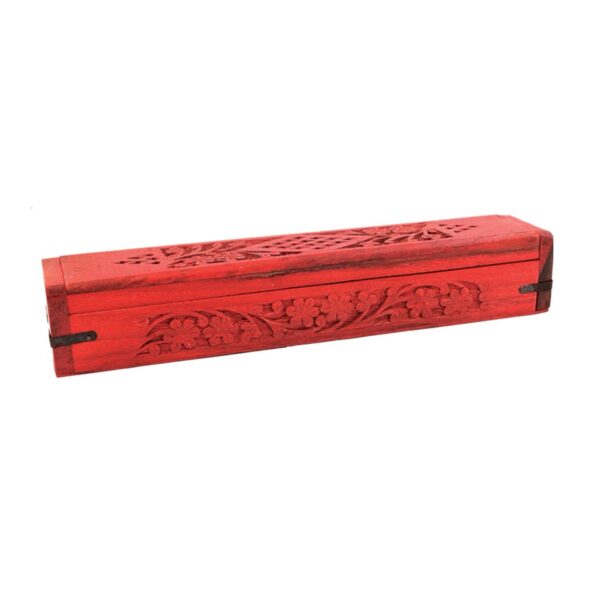 Hand Carved Wooden Incense Burner Box - Red Floral