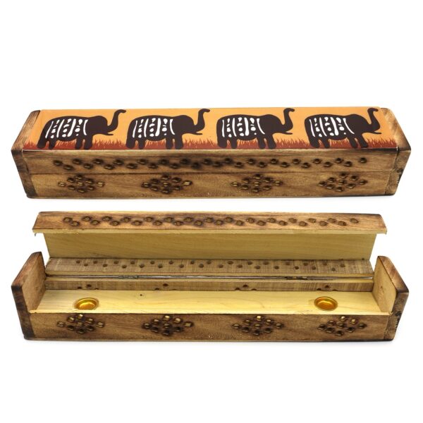 Wooden Incense Burner Box - Elephants