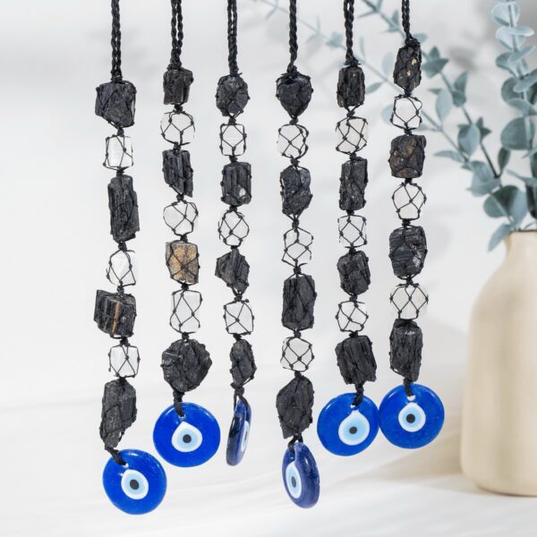 Black Tourmaline & Selenite With Evil Eye Crystal Hanger